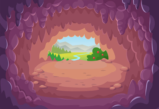 Cave. Exit from the cave. Fantasy cave with stalactites, stalagmites, stalagnates.