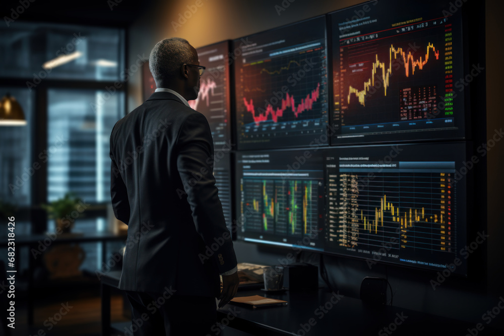 Poster a focused analyst studying complex financial charts, deciphering trends and patterns to make informe