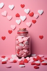 Glass jar with hearts on pink background. Valentine's day concept.