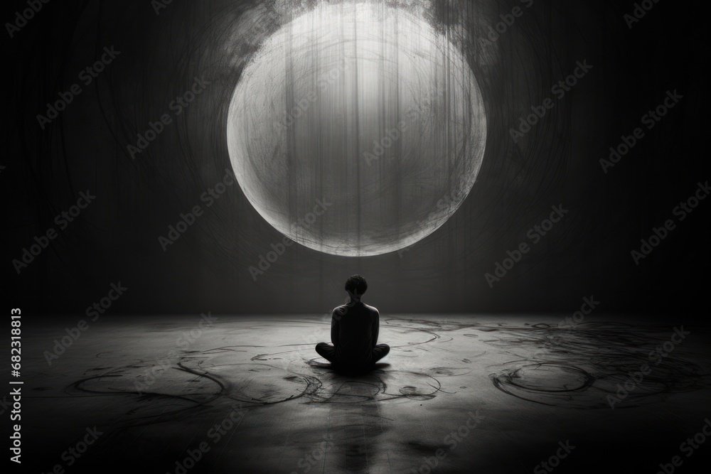 Poster a black and white photo of a person sitting on the floor in front of a large object in the middle of