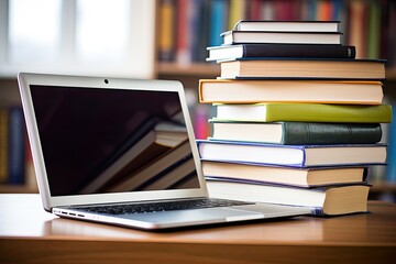 Laptop and books on table. Education.