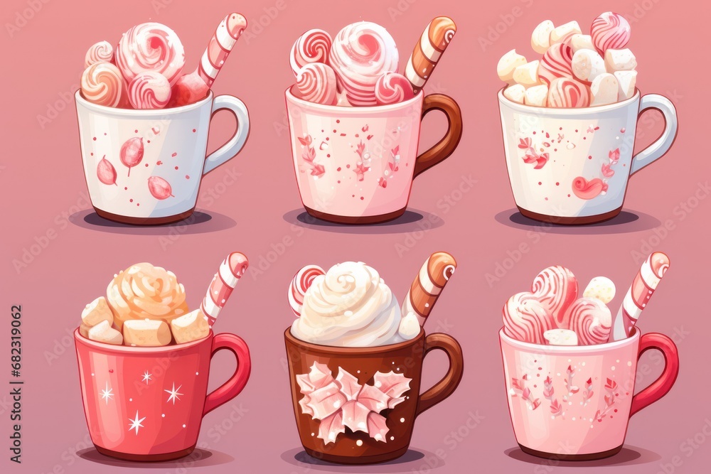 Poster a set of four mugs filled with different types of marshmallows and candy canes, all in different sha