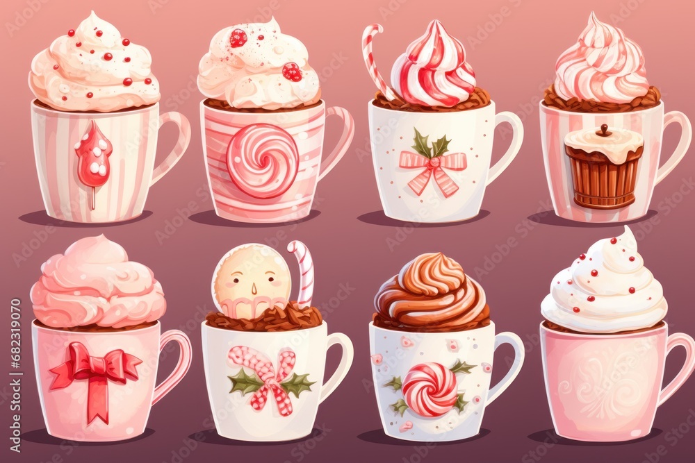 Poster a group of cups filled with different types of cupcakes and toppings on top of each one of the cups 