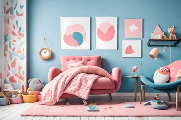 Furry pink pillow on a vibrant blue armchair in a sweet kid bedroom interior with cozy bedding and cartoon posters on white walls