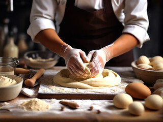 close up of hands kneading dough. Generative AI
