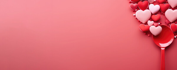 Valentine's day background with red hearts and spoon on red background. Banner.