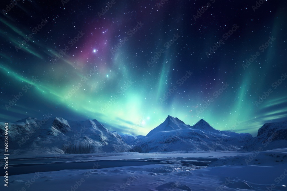 Poster a view of a mountain range with a green and purple aurora bore in the sky above it and a lake in the