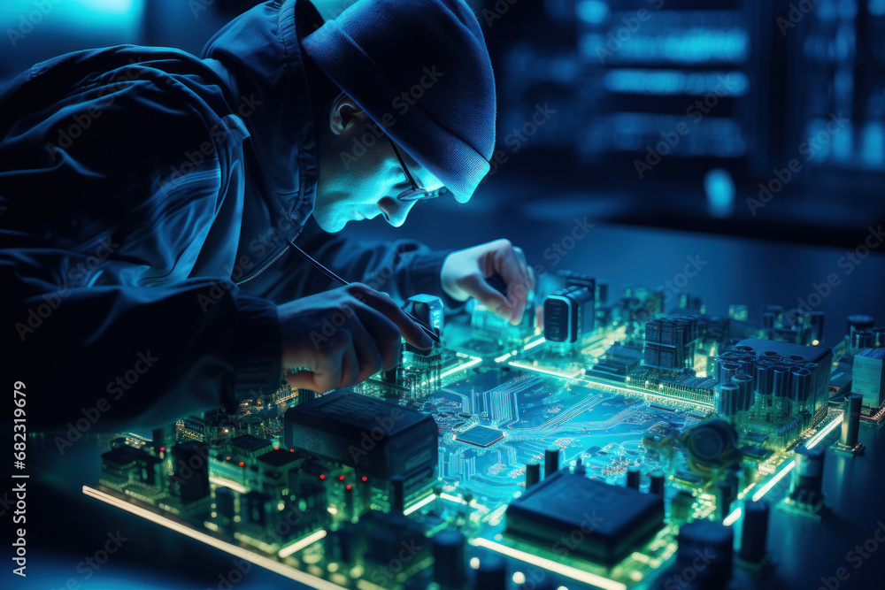 Poster a scientist examining a circuit board under a microscope, representing electronics and technology. g