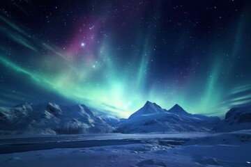  a view of a mountain range with a green and purple aurora bore in the sky above it and a lake in the foreground with snow and snow on the ground.