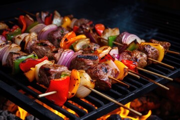 Skewers of meat on the grill with onions and peppers. Generative AI