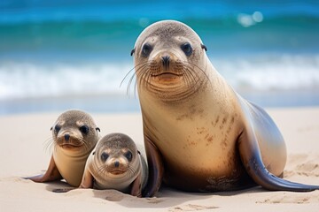 Fototapeta premium Sea Lion Family in sand lying on beach