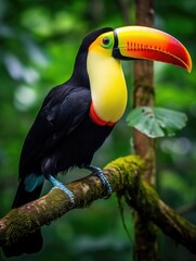 Obraz premium Toucan sitting on a branch in the rainforest. Generative AI