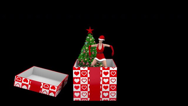 Santa girl surprise from gift box sexy dance - 3d render with alpha channel.
