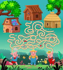 Obraz na płótnie Canvas Fun game labyrinth, maze from the fairy tale The Three Little Pigs. three little pigs are looking for the way to their houses made of stone, straw, wood.