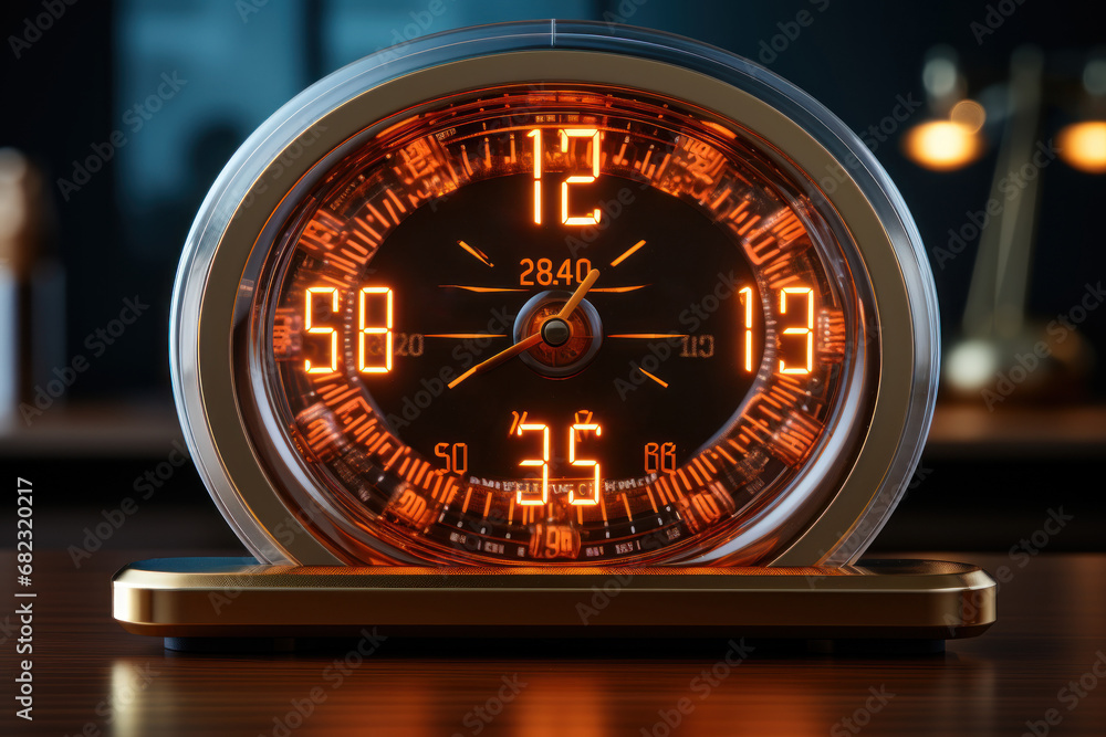 Poster a digital clock displaying the time, symbolizing precision and accuracy in electrical devices. gener
