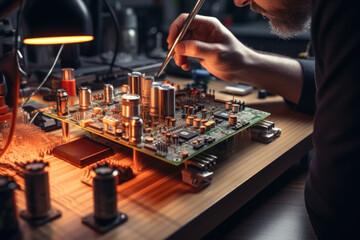 A person assembling an electrical circuit on a breadboard, representing DIY electronics projects. Generative Ai.