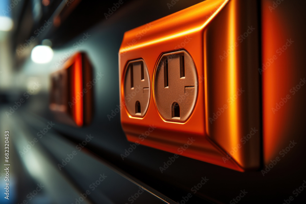 Poster a close-up of an electrical outlet, emphasizing the connection between devices and power sources. ge