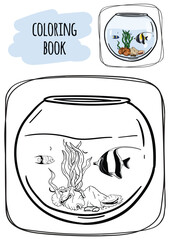 Children's coloring book. Aquarium with fish, algae, shells and marine life