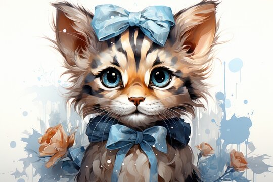  a painting of a kitten with a blue bow on it's head and a blue ribbon around it's neck, sitting in front of a white background.