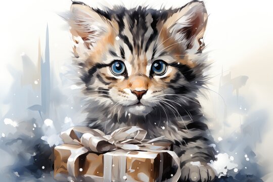  a painting of a kitten sitting next to a gift box with a bow around it's neck, with a city in the background and snow on the ground.