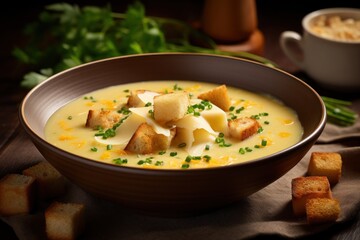  a bowl of soup with croutons and parsley on a wooden table next to a cup of soup and a plate of croutons on a table.
