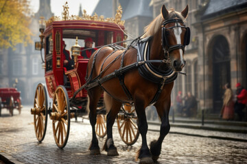 Naklejka na ściany i meble An 18th-century horse-drawn carriage traveling through a cobblestone street, depicting transportation of the era. Generative Ai.