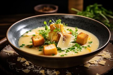  a bowl of soup with croutons and garnished with parmesan cheese and garnished with green garnishes on a wooden table.