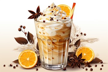  a drink with whipped cream, orange slices, cinnamon, and star anise sprinkles on a white background with leaves and cinnamon pieces of oranges.