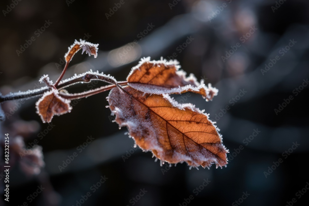 Poster a close up of a leaf on a tree branch with frost on the leaves and a blurry background of a tree bra