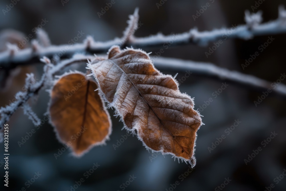 Poster a close up of a leaf on a tree branch with frost on the leaves and branches in the foreground, with 