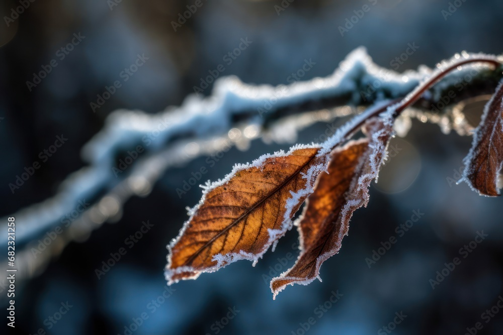 Poster a close up of a leaf on a tree branch with ice on the leaves and snow flakes on the top of the leave