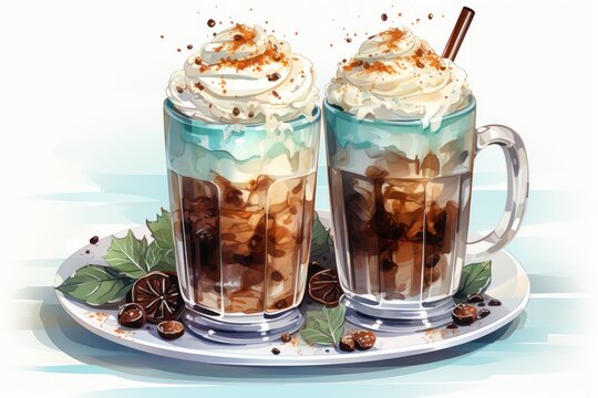  two glasses of iced coffee with whipped cream and chocolate sprinkles on a white plate with holly leaves and chocolate candies on the edge of the plate.