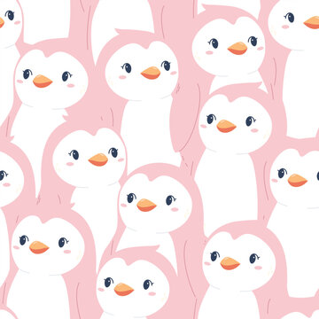 pink seamless pattern with cute cartoon penguins. Can be used for fabric, wrapping paper, scrapbooking, textile, poster, banner and other christmas design. Flat style. Kawaii design