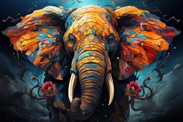  a painting of a colorful elephant with tusks and tusks on it's tusks, with a dark background of blue, yellow, red, orange, orange, and yellow, and blue.