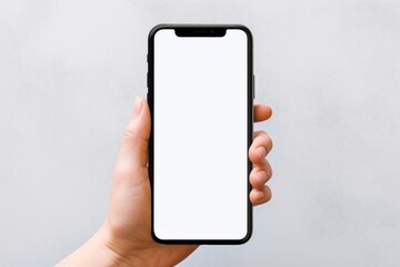 Blank mockup template phone screen close-up on a white background. A person's hand is holding a smartphone. Generative AI.