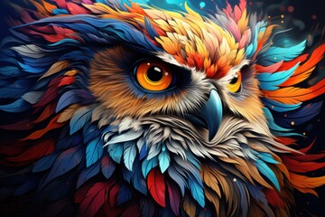  a painting of an owl's head with multicolored feathers on it's head and an orange, yellow, blue, red, orange, and yellow eye.