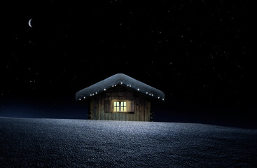 Schneebedeckte Winterhütte in sternenklarer Nacht