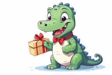 cartoon character of a cute crocodile holding a gift box