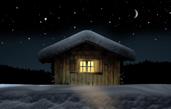 Schneebedeckte Winterhütte in sternenklarer Nacht
