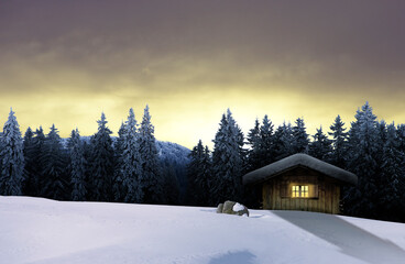 Schneebedeckte Winterhütte in sternenklarer Nacht