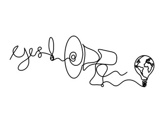 Abstract megaphone and light bulb as continuous lines drawing on white background. Vector
