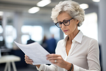 The portrait of a senior businesswoman in a tidy outfit and glasses is reading document papers in her hands at an office. Generative AI.