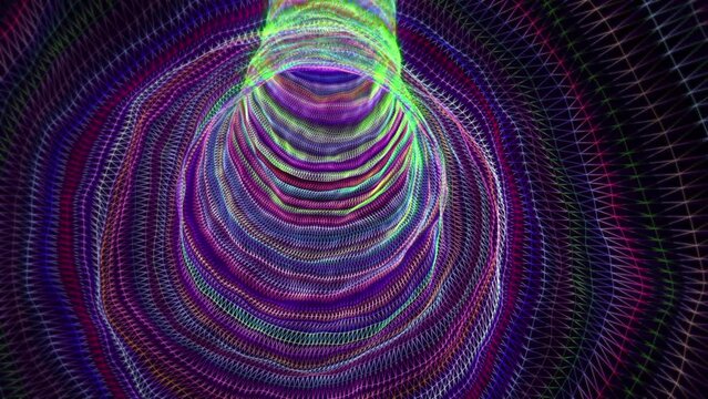 Abstract psychedelic tunnel made of colorful wavy lines with acid glow effect , looped video , 4k , 60 fps