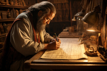 Egyptian scribes transcribing religious texts in hieratic script, emphasizing the role of religion...