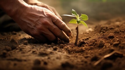 Hands of a man planting a plant in the ground