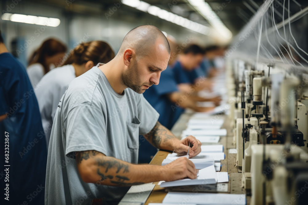 Aufkleber inmates working in a prison print shop, developing printing and design skills. concept of vocational
