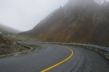 A curve on the Karakoram Highway which connects Pakistan and China through a famous mountainous...
