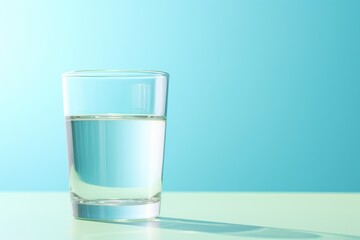  a glass of water sitting on a table next to a shadow of a person's shadow on the table and a blue wall behind the glass is a half - filled with water.