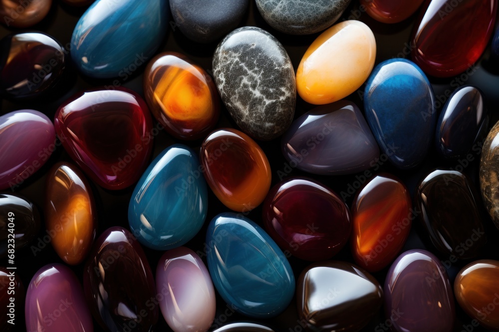 Poster a group of colorful rocks sitting next to each other on top of a black surface with a white dot on t