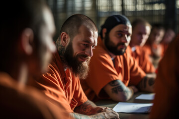 Inmates participating in a poetry workshop, expressing their emotions and experiences through verse. Concept of poetry therapy in rehabilitation. Generative Ai.